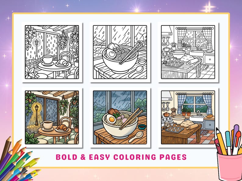 May include: A collection of six coloring pages featuring cozy indoor scenes. The pages depict a cafe, a bowl of ramen, and a kitchen, all in a rainy setting. The text "BOLD & EASY COLORING PAGES" is at the bottom. A pencil holder with colored pencils is in the corner.
