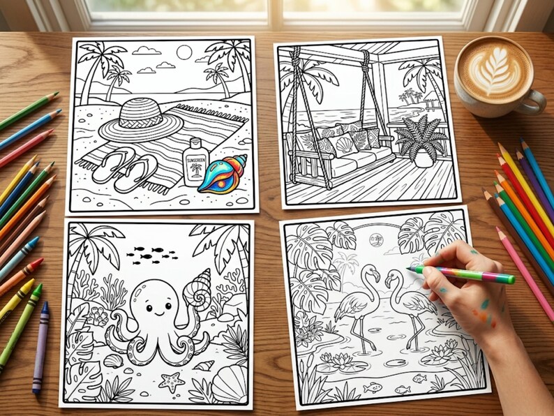 Printable Tropical Summer Coloring Book for Adults, Beach Scenes ...