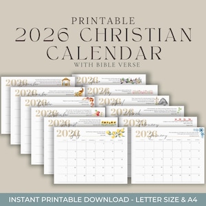 2026 Christian Calendar | Scripture Wall Calendar | Printable Minimalist Planner with Bible Verse