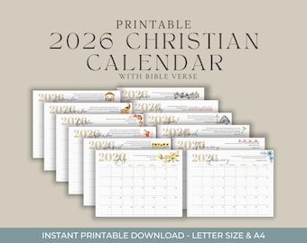 2026 Christlicher Kalender | Schrift Wandkalender | Druckbarer minimalistischer Planer mit Bibelvers