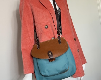 Vintage Dooney Bourke Leather Nylon Crossbody Saddle Bag Navy Cognac