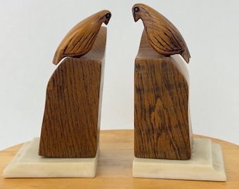 Vintage Hand-carved Wood Bird Bookends Atop Rustic Wooden Blocks w/ Marble Base