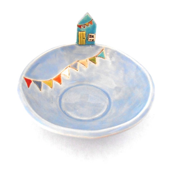 Periwinkle Blue Beach Hut Trinket Dish Ring Dish Ring Catcher Handmade Ceramic