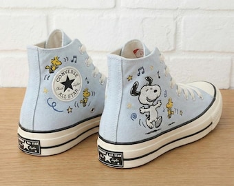 Custom Snoopi Embroidered Converse High Tops, Peanuts Cartoon Shoes, Gift For Her