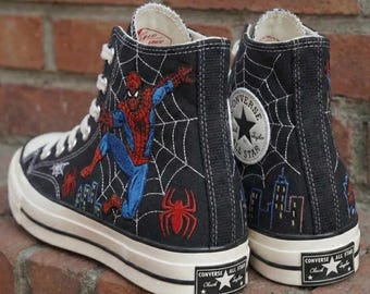 Spider Man Custom Embroidered Converse High Tops, Hand Painted Spider Sneakers
