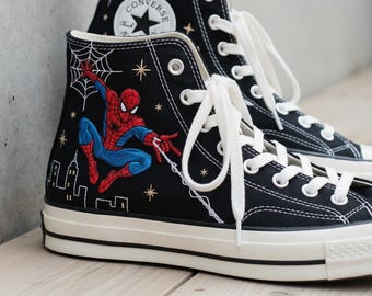 Spider Man Custom Embroidered Converse High Tops, Hand Painted Spider Sneakers