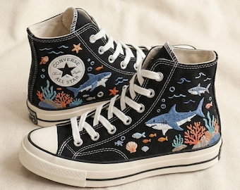 Shark Ocean Embroidered Converse High Tops, Custom Marine Shoes