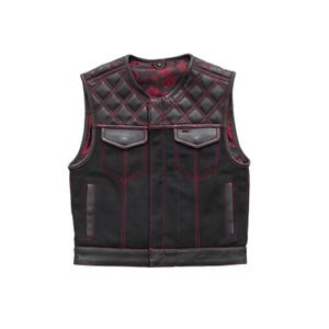 May include: Black leather vest with red stitching and quilted shoulder panels. Features two front pockets and a red paisley lining. The vest has a classic biker style.