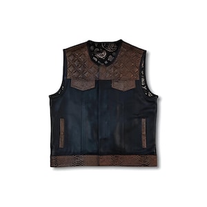 May include: Black leather vest with brown detailing. The vest has a quilted pattern on the shoulders and pockets, and a snakeskin-effect trim. The interior lining features a paisley design.