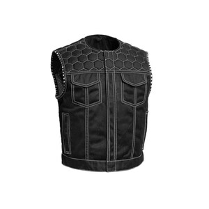 May include: Black motorcycle vest with white stitching and a quilted honeycomb pattern on the shoulders. Features two chest pockets, two lower pockets, and a mesh design. The vest has a classic, rugged style.