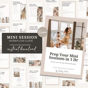 May include: A digital download for photographers, featuring a "Mini Session Workflow Guide" and a guide to "Prep Your Mini Sessions in 1 Hr." The guide includes information on setup, client communication, and more. The cover features a family.