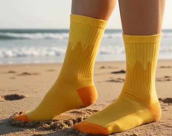 Pale Yellow Cotton Crew Socks for Men Women Creamy Yellow Ribbed Socks Soft Breathable Casual Mid Calf Socks Aesthetic Gift for Her Him