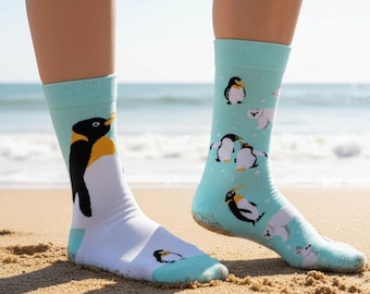 女性用ミスマッチコットンクルーソックス かわいい動物パンダペンギン猫キツネソックス 星空アートソックス 楽しい柄ソックス 彼女へのユニークなギフト