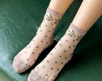 女性用透明フラワーグラスソックス、夏用コットンソールシアーソックス、花柄メッシュソックス、おしゃれなチュールソックス、かわいいコテージコアギフト