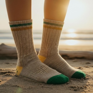 May include: A pair of beige socks with green and yellow accents. The socks have green toes and yellow heels, with green and yellow stripes at the top. The socks are ribbed and appear to be made of a thick, warm material. The image is taken outdoors on a sandy beach.