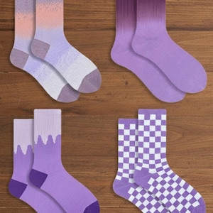 Purple Cotton Crew Socks for Men Women Fun Patterned Striped Tie Dye Embroidery Mid Calf Socks Soft Breathable Athletic Casual Gift for Her