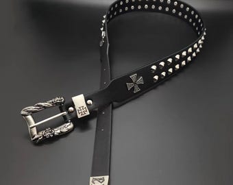 Cinturón gótico con tachuelas cruzadas de los años 2000/2000, cinturón con remaches de doble hilera punk rock, cinturilla de estética grunge cibernética, accesorios emo alternativos