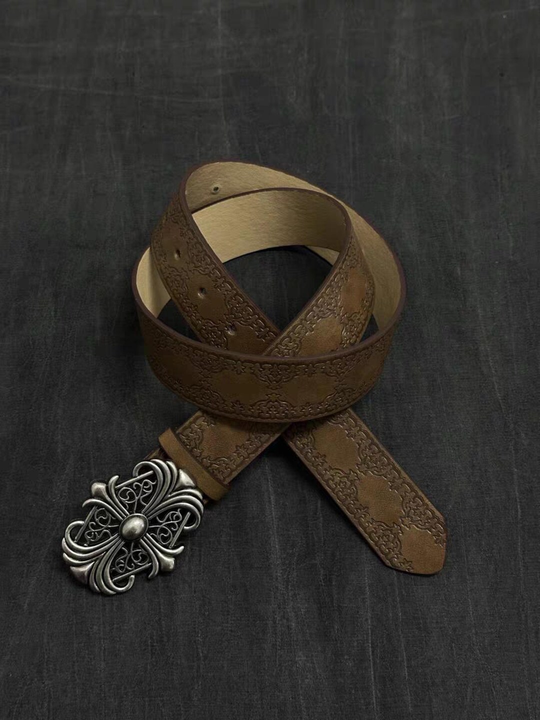 Vintage Punk Cross Belt, Y2k/2000s Gothic Embossed Leather Belt