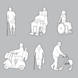 May include: Line drawing of six people with mobility aids. One person uses a crutch, two are in wheelchairs, one on a scooter, one with a cane, and one with a walker. All figures are in white on a gray background.