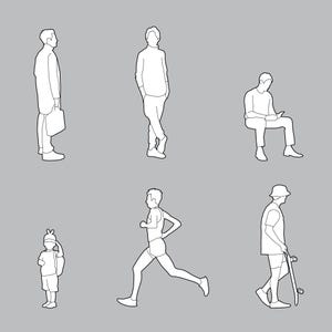 Puede incluir: Ilustración lineal de seis personas en varias poses. Una persona está de pie con un maletín, otra está apoyada y una tercera está sentada. Un niño con una mochila, un corredor y una persona con una patineta completan el conjunto.