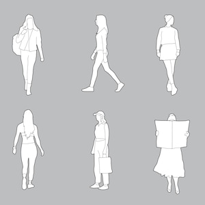 Peut inclure: Illustration en trait de six personnages dans diverses poses. Une personne porte un sac, une autre marche et une troisième tient un journal. Les figures sont représentées en blanc sur un fond gris.