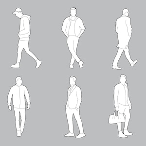 May include: Line art illustration of six figures in various poses, dressed in casual and business attire. The figures are depicted in white lines against a gray background, showcasing different styles of clothing and stances.