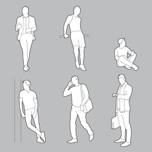 May include: Line art illustration of six figures in various poses. One figure is walking while looking at a phone, another is leaning on a wall, and a third is sitting. The figures are all in white against a gray background.