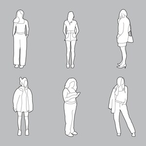 May include: Line drawing of six women in various poses and outfits. One woman is wearing a jacket and shorts, another is in a pantsuit, and another is looking at a phone. The background is a solid gray.