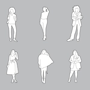 May include: A collection of six white line art illustrations of people in various poses. The figures are depicted in different outfits, including a blazer, dress, and casual wear, against a gray background. The illustrations are simple and modern.