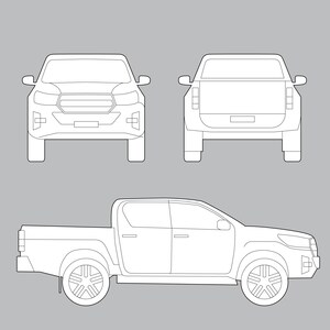 May include: Line drawing of a pickup truck, shown from the front, rear, and side profiles. The truck has a double cab and a cargo bed. The wheels have a multi-spoke design. The image is in black and white.