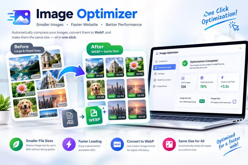 May include: A software interface titled Image Optimizer displays a before and after comparison of image compression. A laptop screen shows an optimisation dashboard with statistics. Text includes One Click Optimisation and Smaller File Sizes.