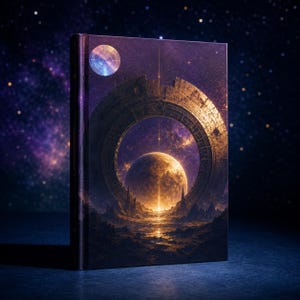 Puede incluir: Un libro de tapa dura con una ilustración de temática espacial. La portada presenta una gran estructura anular que rodea un planeta, con un planeta más pequeño y un fondo estrellado. La paleta de colores incluye tonos de morado, dorado y azul.