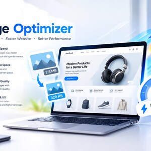 May include: A laptop displays an e-commerce website with a blue rocket graphic, a speed gauge icon labelled Faster Loading, and text reading Image Optimizer, Smaller Images, Faster Website, Better Performance, and Modern Products.