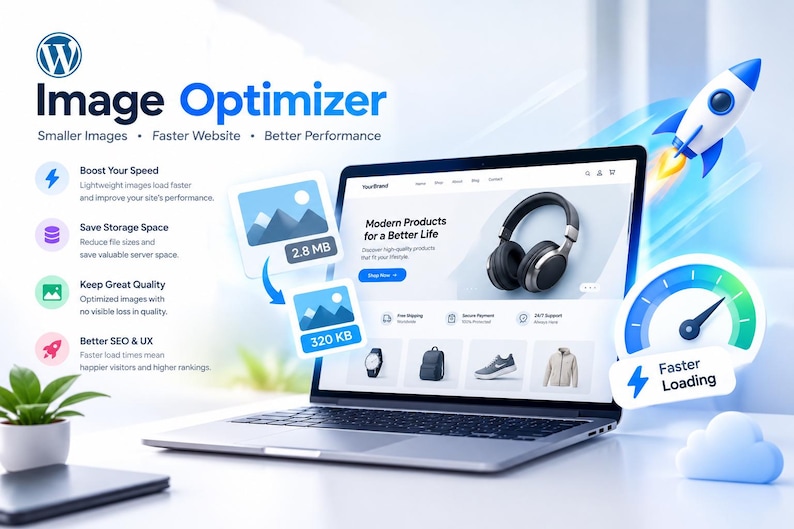 May include: A laptop displays an e-commerce website with a blue rocket graphic, a speed gauge icon labelled Faster Loading, and text reading Image Optimizer, Smaller Images, Faster Website, Better Performance, and Modern Products.