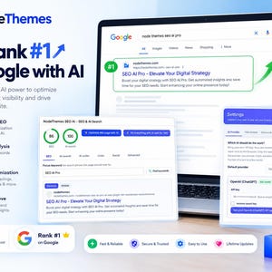 May include: A digital marketing display for NodeThemes SEO AI featuring a laptop screen showing Google search results, a settings interface, and a dashboard. Text includes Get Rank #1 on Google with AI, AI-Powered SEO, and SEO AI Pro.