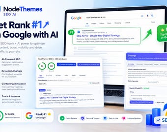 May include: A digital marketing display for NodeThemes SEO AI featuring a laptop screen showing Google search results, a settings interface, and a dashboard. Text includes Get Rank #1 on Google with AI, AI-Powered SEO, and SEO AI Pro.