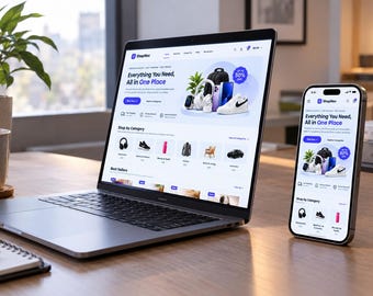 May include: A silver laptop and a smartphone displaying the ShopNex e-commerce website. The screen shows the text Everything You Need, All in One Place, along with product categories and images of electronics, footwear, and accessories.