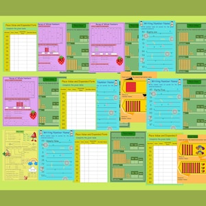 Op de afbeelding: Educatieve kaarten voor plaatswaarde en uitgebreide vorm, met kleurrijke ontwerpen en getallen oefeningen. De kaarten bevatten tabellen, getalnamen en visuele representaties van getallen, ideaal voor wiskundelessen.