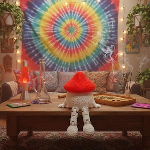 May include: A whimsical mushroom-shaped sculpture with a red cap and white body sits on a wooden table. The room has a tie-dye tapestry, lava lamp, and peace sign art, creating a retro, bohemian vibe. Incense smoke drifts in the air.