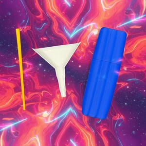 May include: An image featuring a yellow straw, a white funnel, and a blue cylindrical object. The objects are set against a vibrant, colorful background with swirling patterns of orange, purple, and blue.