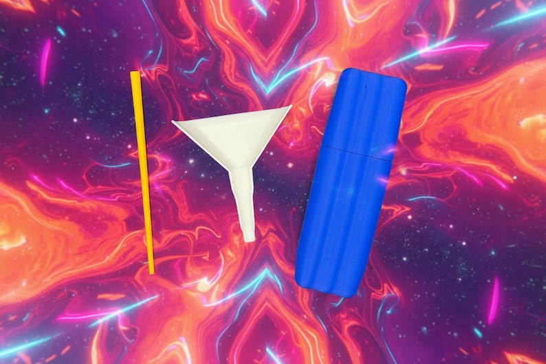 May include: An image featuring a yellow straw, a white funnel, and a blue cylindrical object. The objects are set against a vibrant, colorful background with swirling patterns of orange, purple, and blue.