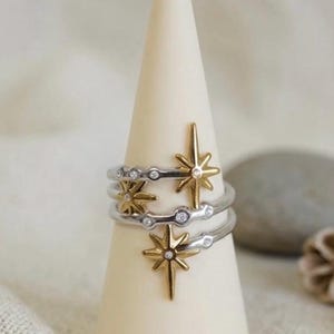 Mixed Metal Gold Star Ring, Celestial Stacking Ring, Two Tone Star Cluster Ring, CZ Star Ring, Adjustable Open Ring, Waterproof Jewelry Gift