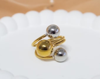 18K Gold Anti Tarnish Ring, Triple Sphere Statement Ring, Waterproof Gold Jewelry, Minimalist Bypass Ring, Gift for Her, Dual Tone Ring