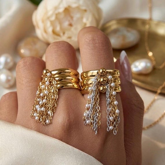 Gold Tassel Statement Ring•Pearl Dangle Ring•Mixed Metal Anti Tarnish Jewelry•Adjustable Gold Cuff Ring•Unique Gift for Her•Kinetic Boho Rin