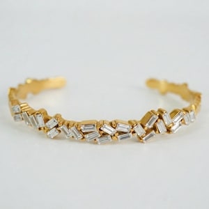 18K Gold Plated Baguette Mosaic Bangle, Adjustable Open Cuff Bracelet, Waterproof Tarnish Free Jewelry,Geometric Crystal Bangle,Gift for Her