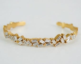 18K Gold Plated Baguette Mosaic Bangle, Adjustable Open Cuff Bracelet, Waterproof Tarnish Free Jewelry,Geometric Crystal Bangle,Gift for Her