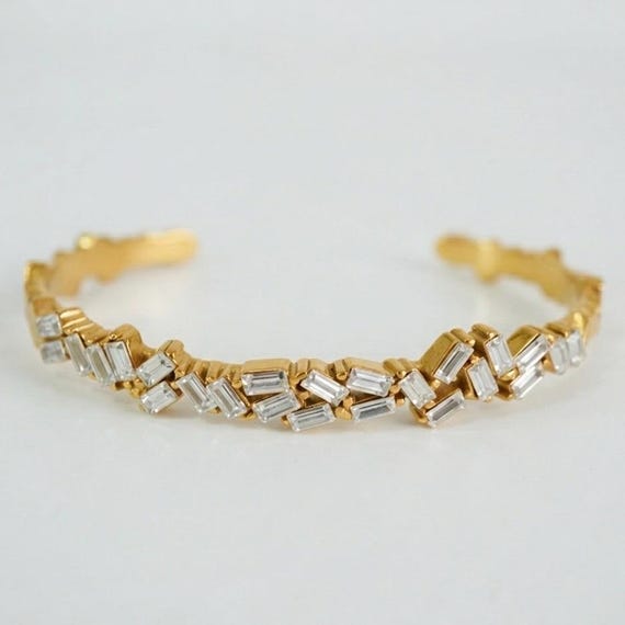 18K Gold Plated Baguette Mosaic Bangle, Adjustable Open Cuff Bracelet, Waterproof Tarnish Free Jewelry,Geometric Crystal Bangle,Gift for Her