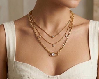 18K Gold Plated Layered Necklace | Triple Chain CZ Pendant Necklace | Waterproof Stainless Steel Jewelry | Dainty Boho Choker | Gift for Her