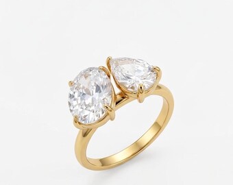 18k Gold Toi et Moi Ring,Two Stone Engagement Ring,Pear Oval Diamond Alternative,Anti-Tarnish Statement Ring,Minimalist Double Stone ring