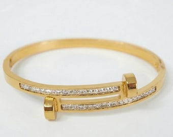 Vela Anti Tarnish Gold Bangle for Women, Waterproof 18K Gold Plated Wrap Bracelet with Crystals, Minimalist Jewelry Gift, Non-Tarnish Cuff